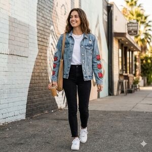PacSun Los Angeles Distressed Denim Jacket with Rose Embroidery - Size S